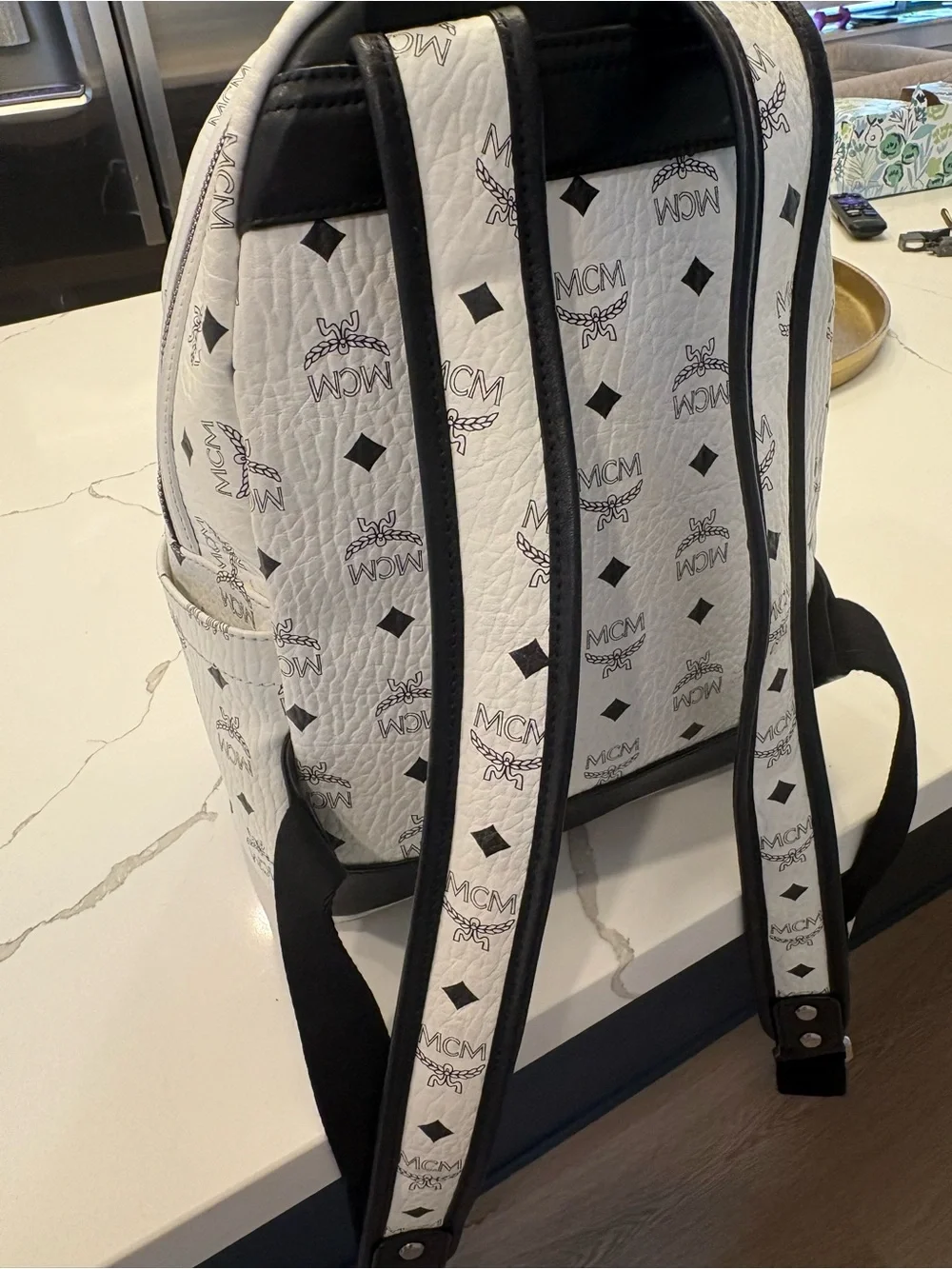 MCM White Logo Print Stark Backpack with Black Accents